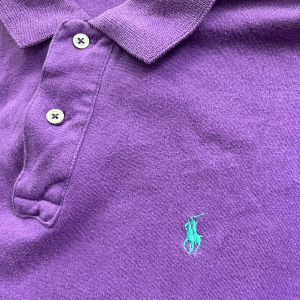 Ralph Lauren Mens Polo Shirt Large Purple Short Sleeve Cotton Pique Distressed